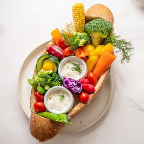 A cornucopia veggie board overflowing with vibrant raw vegetables and creamy dips for dipping.