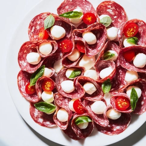 A beautifully arranged Folded Salami Wreath with vibrant tomatoes and fresh basil garnishes.
