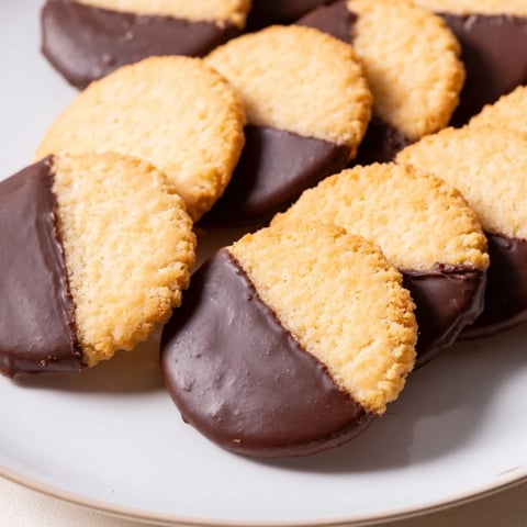 Crisp vanilla wafers dipped in glossy chocolate: a close-up of the delicious Simple Cookies.