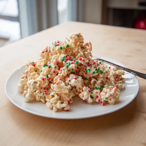 Festive popcorn piles with red and green sprinkles, a colorful and sweet holiday snack.