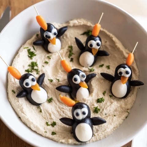Creamy Winter White Bean Dip, beautifully arranged with adorable olive penguin decorations for your guests.