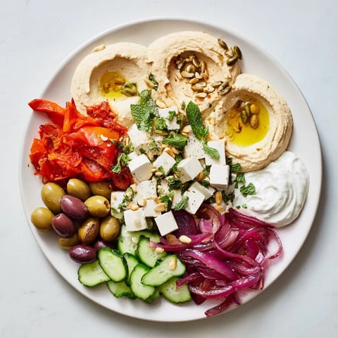Mediterranean mezza platter with colorful appetizers and fresh herbs, ready to serve.