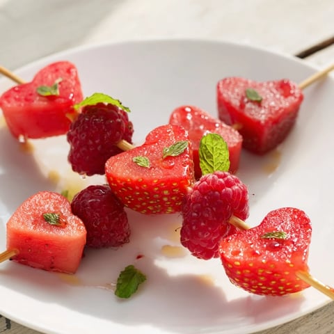 Delicious red heart fruit skewers arranged on a platter, ready for a delightful, refreshing treat.