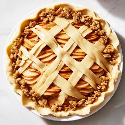A golden-brown Lattice Orchard dessert with intricately woven apples and sweet honey.
