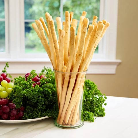 A whimsical "Vertical Forest" appetizer: breadsticks, grapes, and parsley, ready to enjoy at any party.