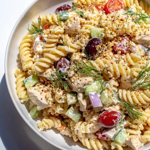 Everything Bagel Chicken Pasta Salad: Creamy pasta, chicken, and fresh veggies, coated in everything bagel seasoning, ready to eat.