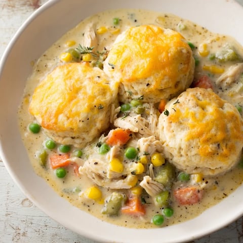 Chicken Cobbler with Red Lobster Mix, golden baked, bubbling with creamy chicken and vegetables.