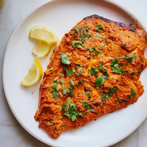Vibrant Indian Tikka Salmon, coated in a rich marinade, ready for a flavorful bite.