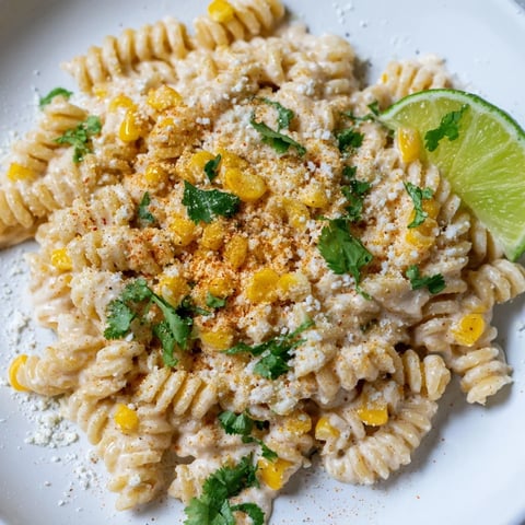 A creamy bowl of Mexican street corn pasta with crumbled cotija and fresh cilantro.