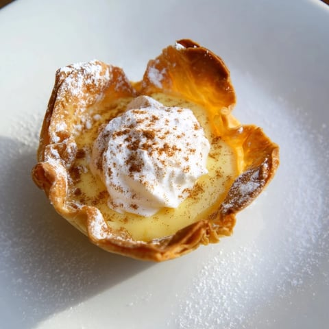 Golden, flaky Portuguese egg tarts with a creamy custard filling, perfect for a sweet treat.