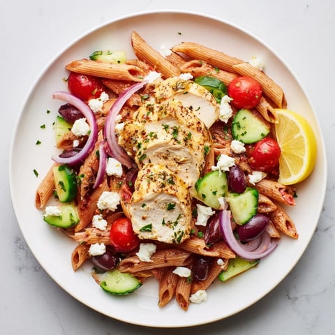 Ein farbenfroher griechischer Hühnchen-Pasta-Bowl mit saftigem Hähnchen, Kirschtomaten und Gurken auf einem weißen Teller.  