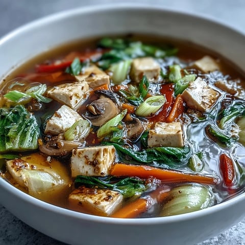 Eine dampfende Schüssel Tofu-Gemüse-Suppe mit zartem Tofu und bunten Gemüsestückchen.