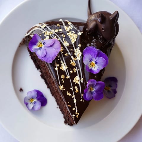 Vor dem Gaumen ein reichhaltiger Wild Rat Cake präsentiert mit Goldakzenten und floraler Dekoration.