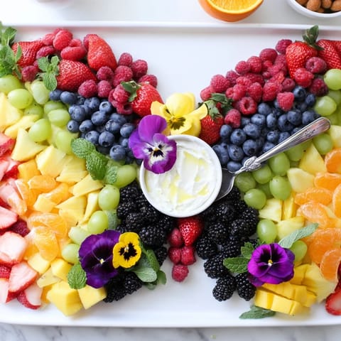 This butterfly garden fruit board is a visually stunning appetizer arranged with vibrant, juicy fruits.
