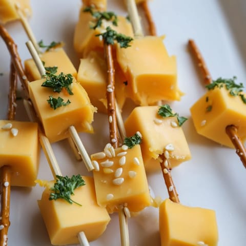 Verlockende Käse-Sparkler: Bild zeigt goldgelbe Cheddar-Würfel auf Salzstangen für den Silvester-Genuss.