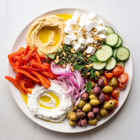 A close-up of a delicious Mediterranean mezza platter with hummus and feta cheese.