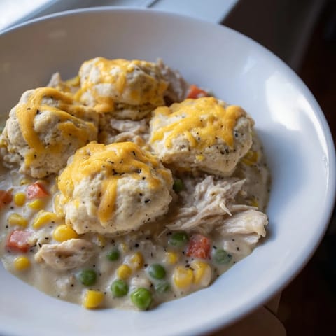 This Chicken Cobbler with Red Lobster Mix shows a flaky biscuit topping, ready to be served hot.