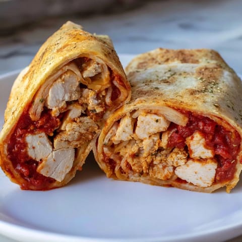 Golden-brown Tortilla Pizza Wrap with Chicken featuring crispy edges and a flavorful chicken filling.