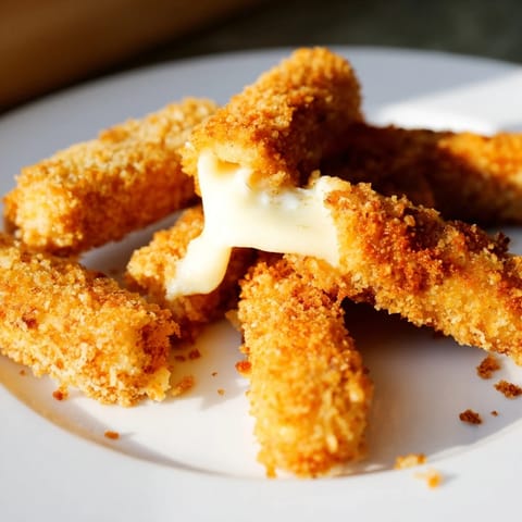 Melted cheese pull from crispy air fryer mozzarella sticks served with a side of marinara.