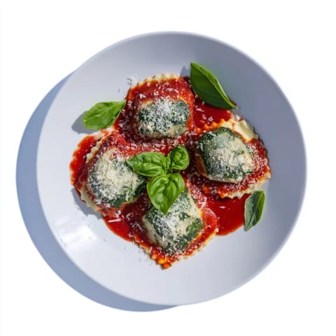 Goldbraune Ravioli aus hausgemachtem Teig mit Spinat-Ricotta-Füllung, frisch aus dem Kochtopf.  