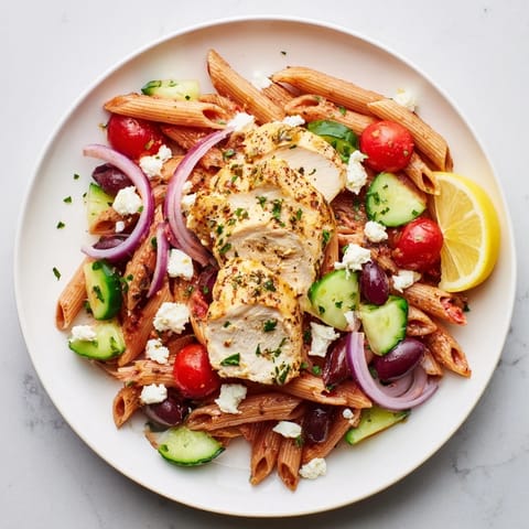 Ein farbenfroher griechischer Hühnchen-Pasta-Bowl mit saftigem Hähnchen, Kirschtomaten und Gurken auf einem weißen Teller.  