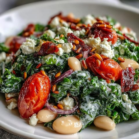 Frischer Weißer Bohnen-Grünkohl-Salat, übergossen mit hellem Dressing, bereitet zum Genuss vor.