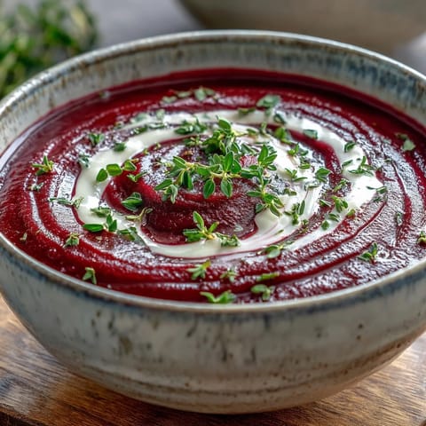 Röstige Rote-Bete-Suppe mit sahniger Textur, serviert heiß mit knusprigem Brot und frischem Thymian.
