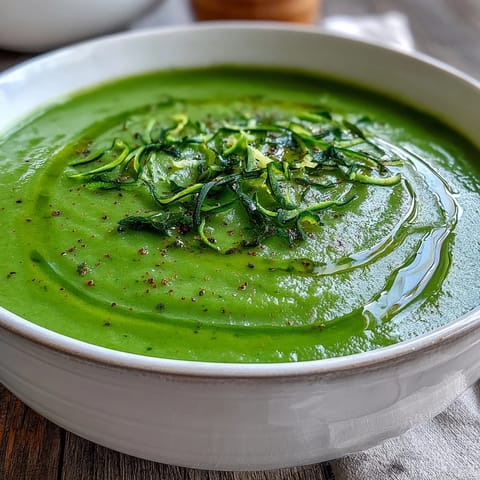 Smooth Zucchini Soup in a white bowl, garnished with fresh herbs, olive oil swirl, and crusty bread on the side.