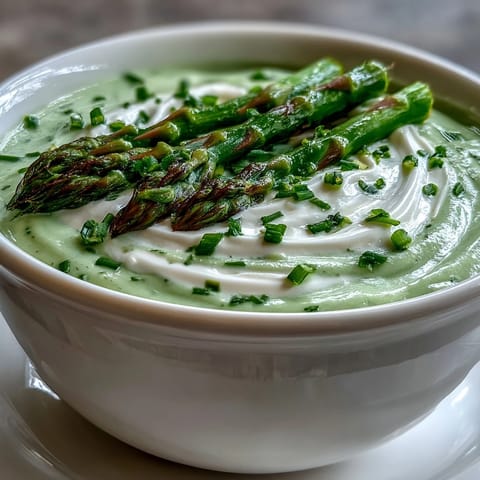 Bright green asparagus soup in a rustic bowl, garnished with tender tips and fresh chives.