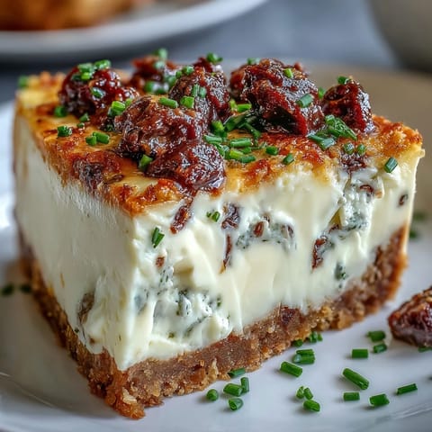 Ein würziger Kalamata Cheesecake Appetizer mit Kräutern, serviert auf Crostini für Party-Gäste.