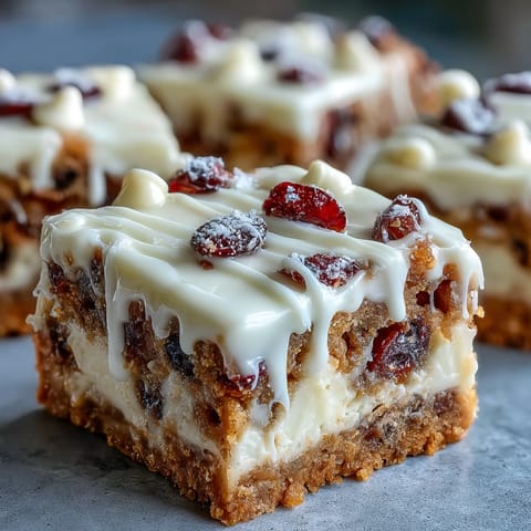 1. Glasierte Cranberry Bliss Bars mit cremiger Orangen-Creme-Käse-Topping und weißer Schokolade auf dem Drahtgestell.