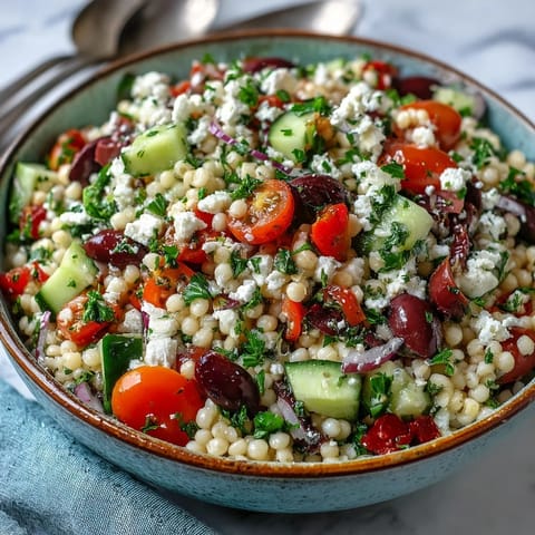 Helle Schüssel mit Mediterranean Pearl Couscous, Käse und Petersilie auf gestelltem Tisch.