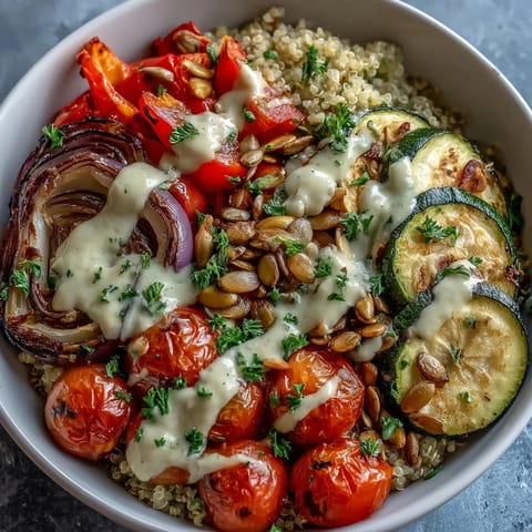 A nourishing Roasted Vegetable Quinoa Bowl garnished with parsley and pumpkin seeds for lunch.