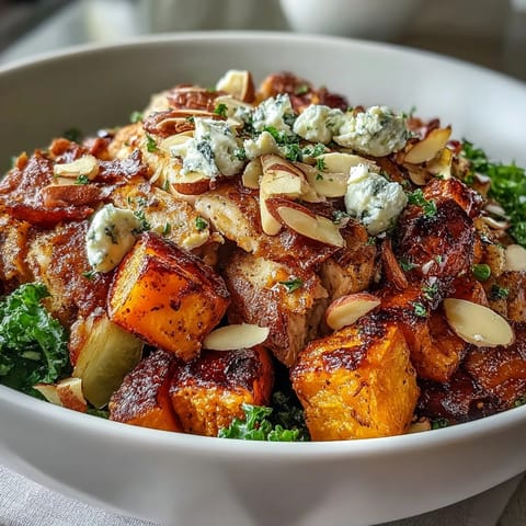 Frisch zubereiteter Herbst Süßkartoffel-Harvest-Bowl mit geröstetem Hähnchen, Karamell-Süßkartoffeln, knackigem Apfel und zerkrümeltem Ziegenkäse.