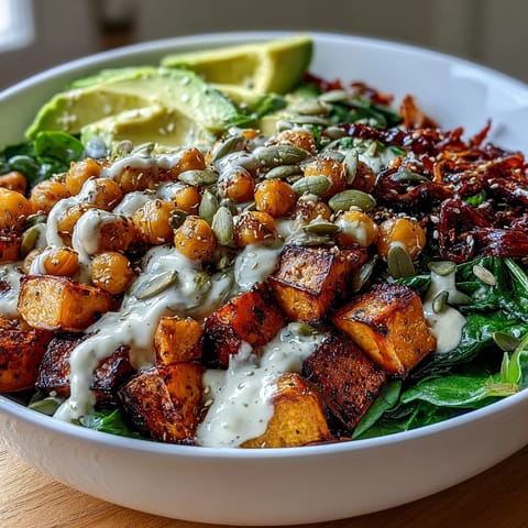 Vibrant roasted sweet potato and chickpea bowl topped with creamy avocado and smoky chipotle tahini dressing on a dark wooden table.
