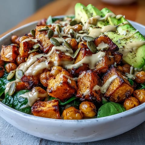 Crispy roasted chickpeas and caramelized sweet potatoes in a wholesome bowl with garlicky spinach and a drizzle of smoky chipotle tahini dressing.