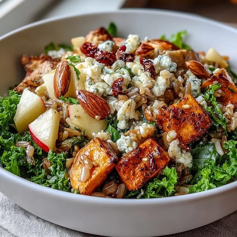 Leuchtteller Harvest Bowl mit knusprigem Hähnchen, süßen Süßkartoffeln, saftigem Apfel und cremigem Ziegenkäse auf massiertem Grünkohl.