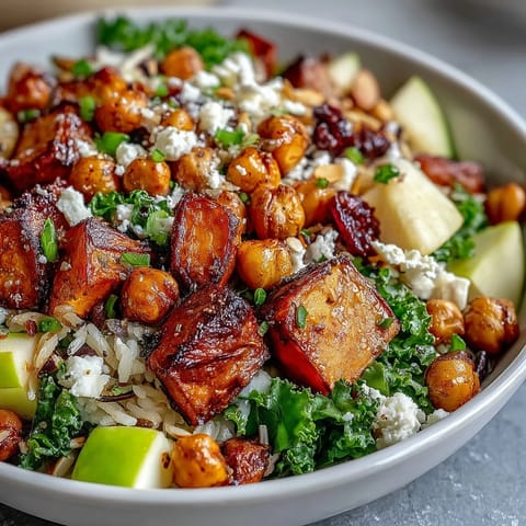 Prächtige Fall Harvest Bowl bestückt mit Wildreis, Kale, Apfelstücken und knusprigen Kichererbsen für einen herbstlichen Abendteller.