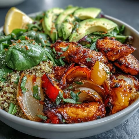 Paprika Roasted Vegetable Quinoa Bowl mit goldbraunem Hähnchen, cremiger Avocado und frischem Zitronensalat angerichtet.