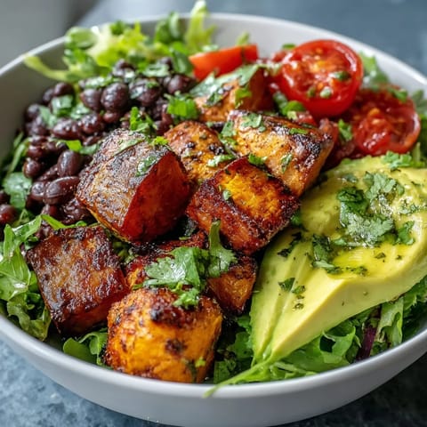 Colorful Sweet Potato and Black Bean Bowl with roasted veggies, creamy avocado, and zesty lime dressing.
