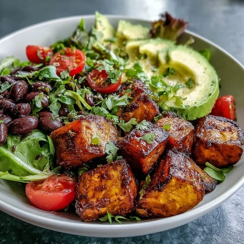 Hearty Sweet Potato and Black Bean Bowl served on greens with fresh salsa and avocado.