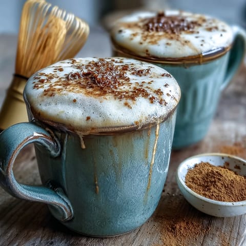 Dampfender Hot Hojicha Latte in einer Holzschale, mit cremiger Milchcreme und Hafermilch serviert.