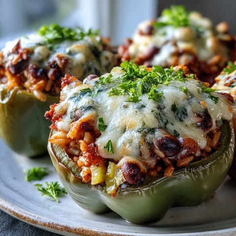 Vier goldbraune, mit Black-Eyed Pea Stuffed Peppers gefüllte Paprikahälften mit Käsekruste aus dem Ofen.