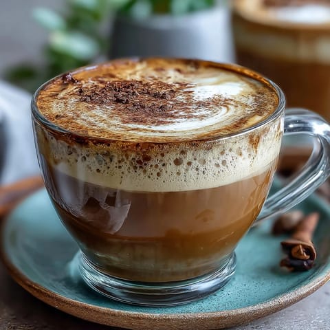 Hojicha Macchiato mit cremigem Milchschaum in einer kleinen Tasse.  