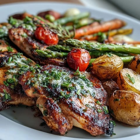 Gesundes, einfaches Blechpfannenhähnchen mit Frühlingsgemüse, perfekt für ein schnelles Abendessen.  