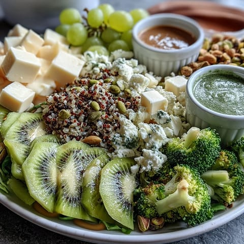 Festlicher grüner Snack-Teller mit frischem Obst, Gemüse und Käse für St. Patrick's Day.