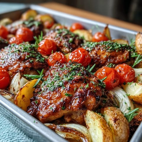 Spring Dinner Sheet Pan Chicken mit Zucchini und Cherry Tomaten – bunter Teller mit zartem Hühnchen, gebratenem Gemüse und frischen Kräutern.