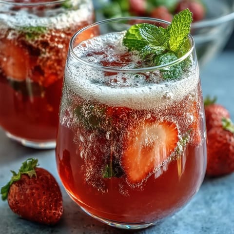 Ein erfrischender, spritziger Mocktail mit süßen Erdbeeren und zitroniger Frische, perfekt für Frühlingsfeste.