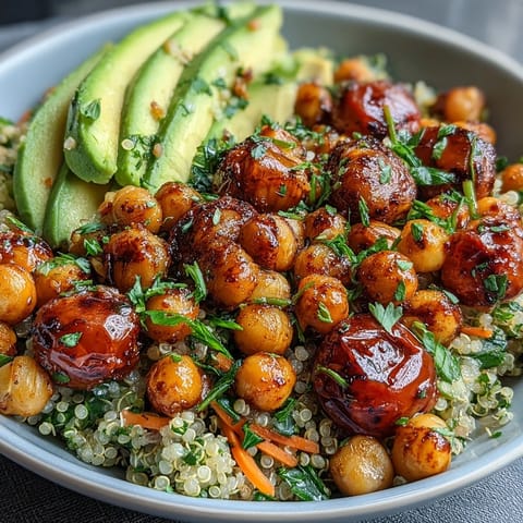 Farbenfrohe Getreidebowl mit gerösteten Kichererbsen, knackigem Gemüse und fruchtigem Zitronendressing.