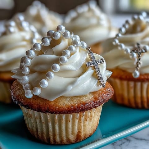 Mini First Communion Cupcakes mit Rosenkranz-Fondant-Verzierungen: Zarte Vanille-Cupcakes mit cremiger Buttercreme und eleganten Fondant-Rosenkränzen, perfekt für eine Erste Kommunion.
